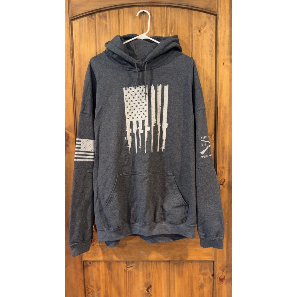 Grunt Style Hoodie Mens 2XL Gray Good Rifle Flag Patriotic Pullover Sweatshirt